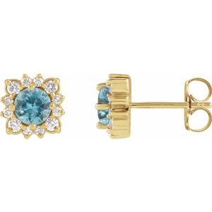 14K Yellow Gold Natural Blue Zircon & 1/2 CTW Natural Diamond Halo-Style Earrings