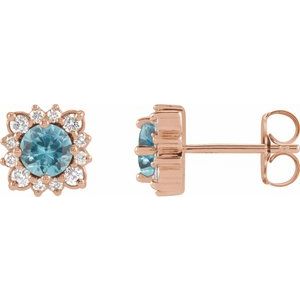 14K Rose Gold Natural Blue Zircon & 1/2 CTW Natural Diamond Halo-Style Earrings