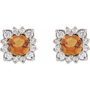 14K White Gold Natural Citrine & 1/5 CTW Natural Diamond Halo-Style Earrings – image 2
