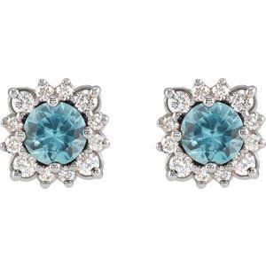 14K White Gold Natural Blue Zircon & 1/2 CTW Natural Diamond Halo-Style Earrings – image 2