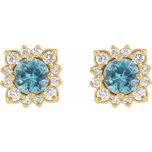 14K Yellow Gold Natural Blue Zircon & 1/2 CTW Natural Diamond Halo-Style Earrings