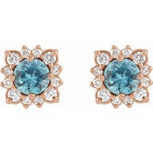14K Rose Gold Natural Blue Zircon & 1/2 CTW Natural Diamond Halo-Style Earrings – image 2