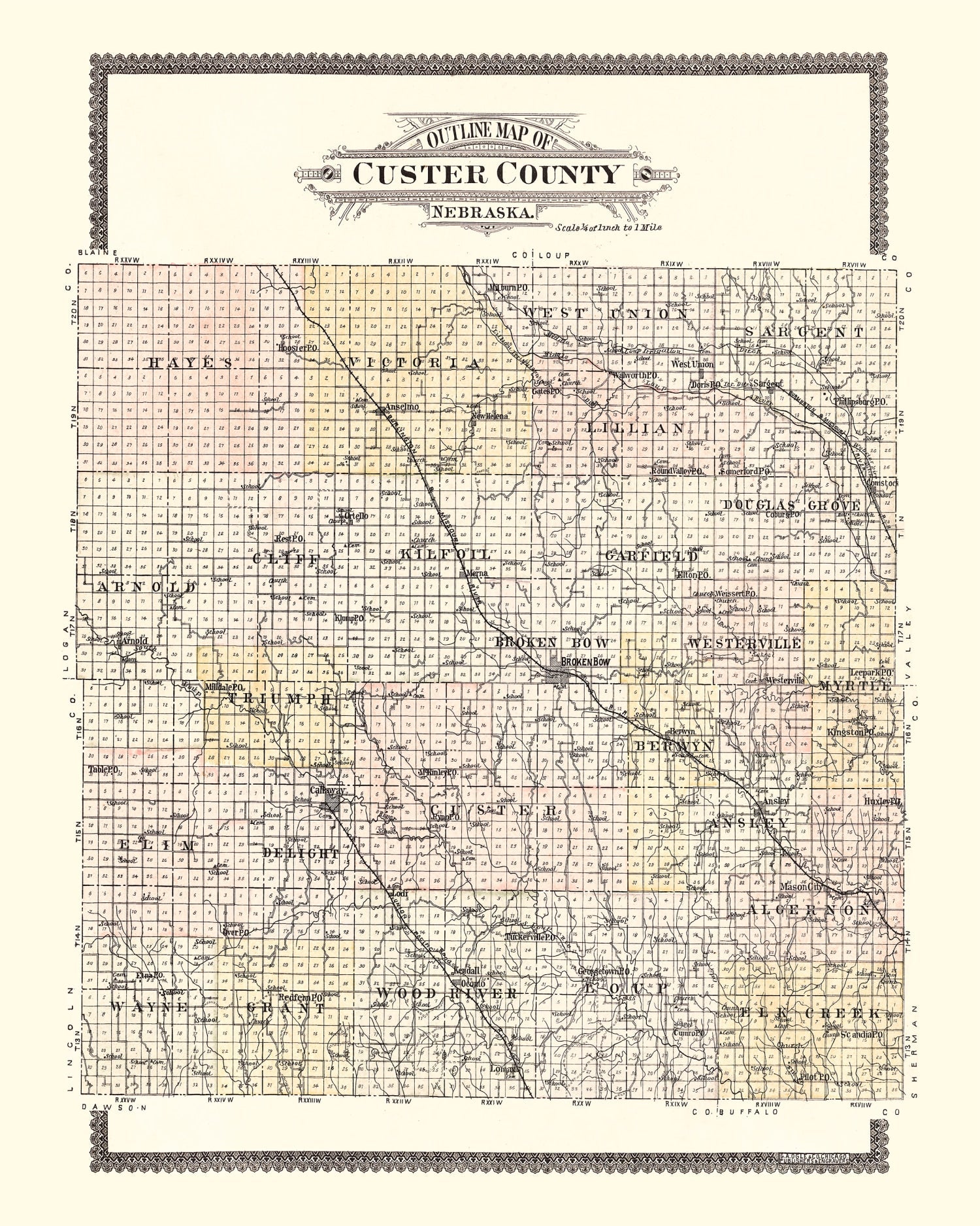Vintage Map of Custer County, Nebraska 1904