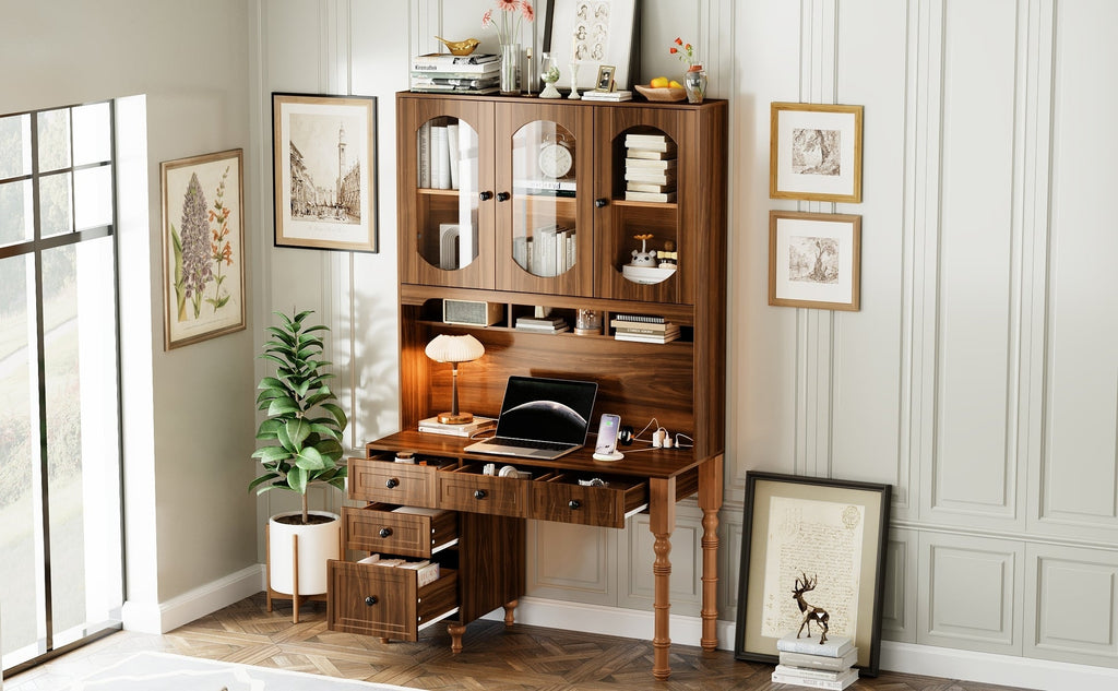 47'' Retro Desk with Charging Ports and Hutch Cabinet, Office Desk with 5 Storage Drawers and Transparent Glass-Door Bookshelf, Executive Computer Desk for Home Office, Bedroom, Walnut