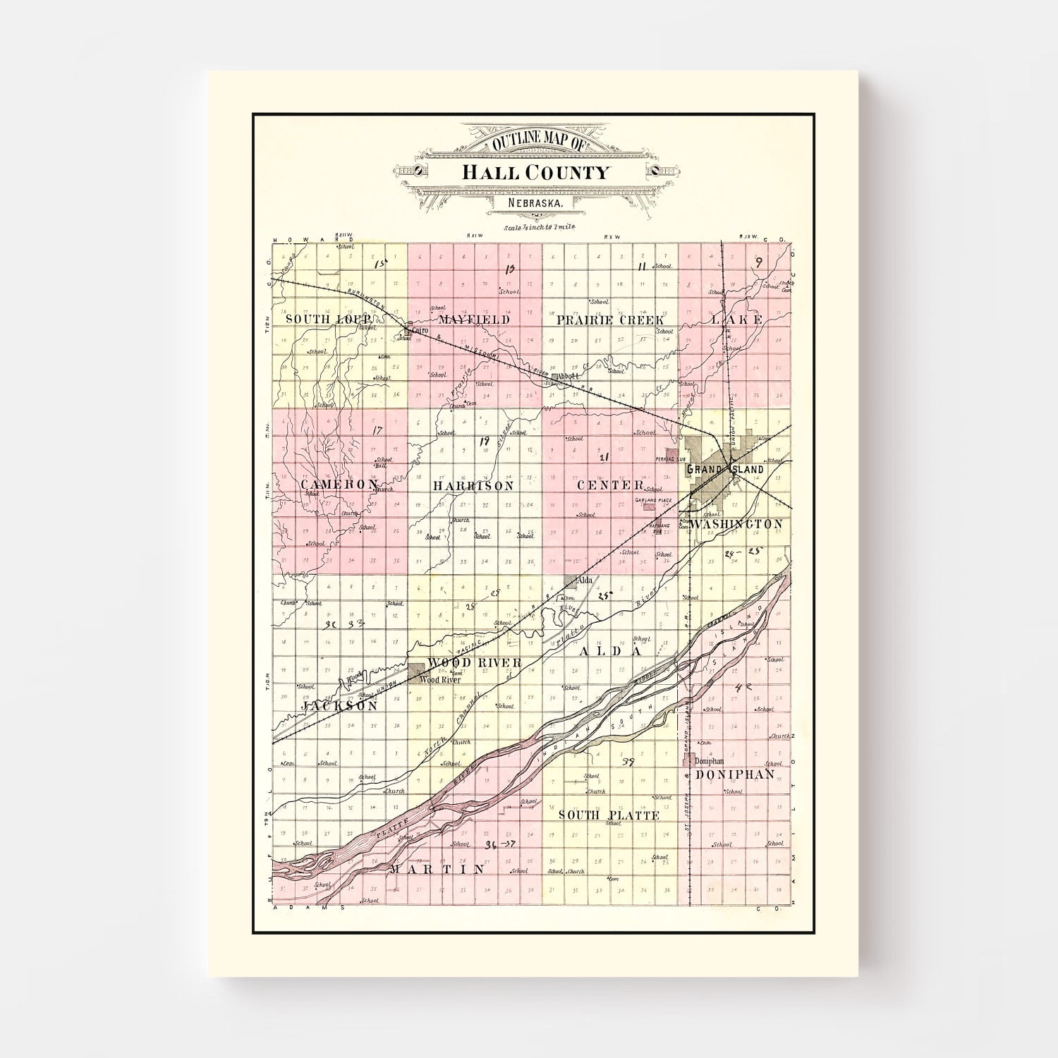 Vintage Map of Hall County, Nebraska 1904