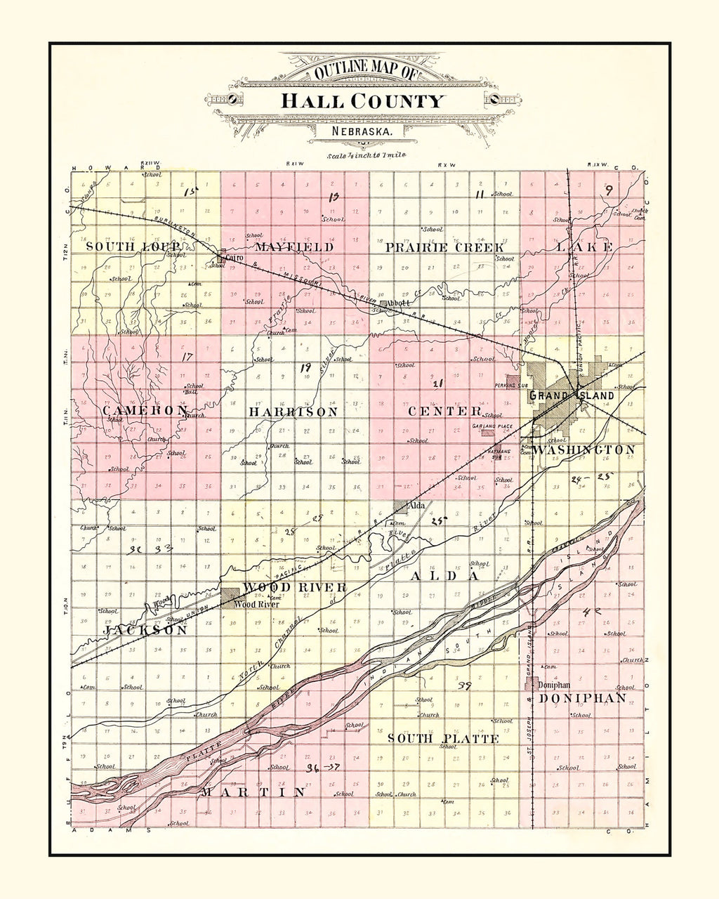 Vintage Map of Hall County, Nebraska 1904