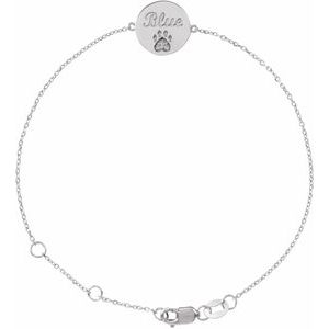 Sterling Silver Natural White Sapphire Engravable Paw Print 6 1/2-7 1/2" Bracelet