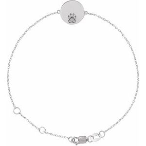 14K White Gold Natural White Sapphire Engravable Paw Print 6 1/2-7 1/2" Bracelet