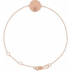 14K Rose Gold Natural White Sapphire Engravable Paw Print 6 1/2-7 1/2" Bracelet