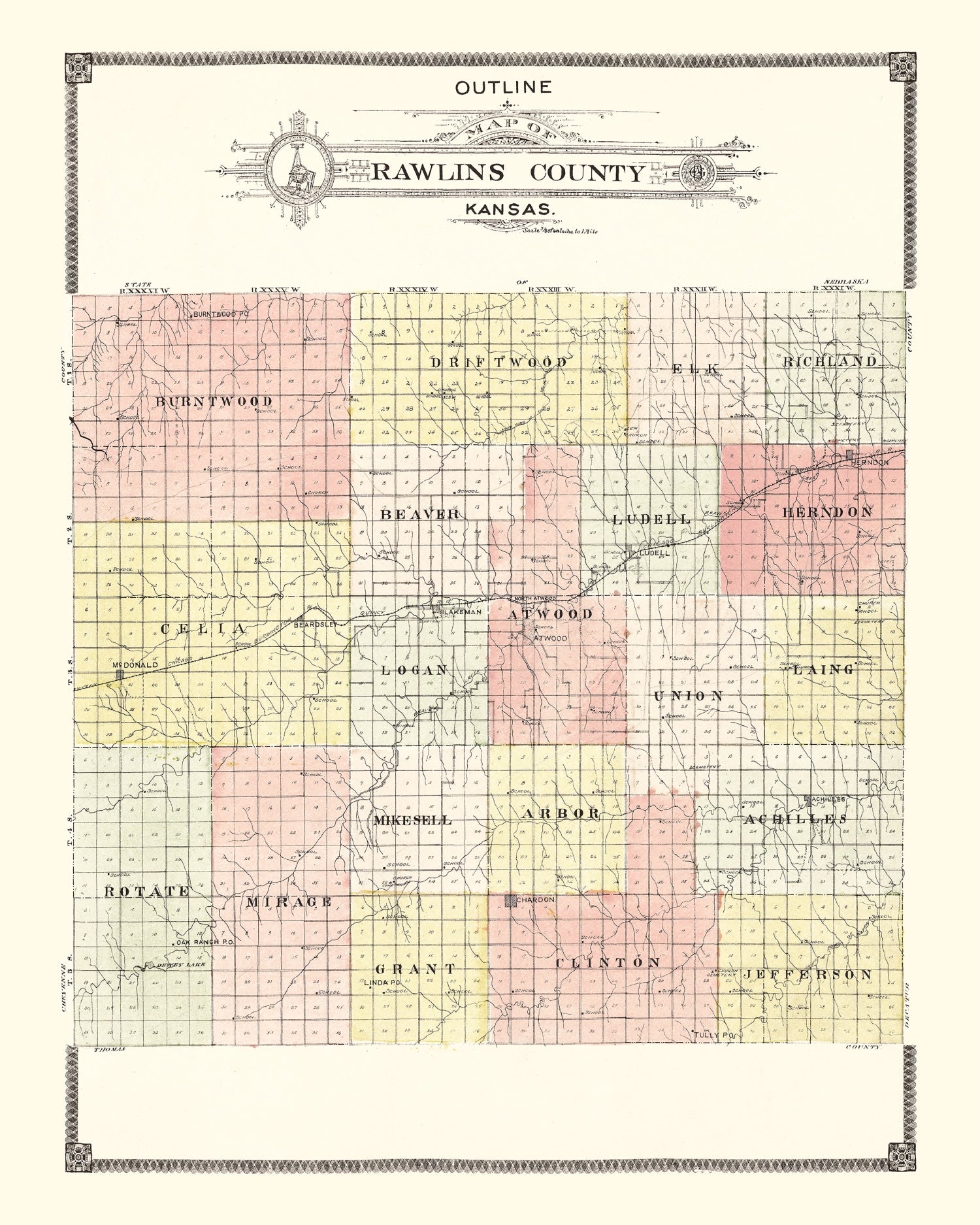 Vintage Map of Rawlins County, Kansas 1906
