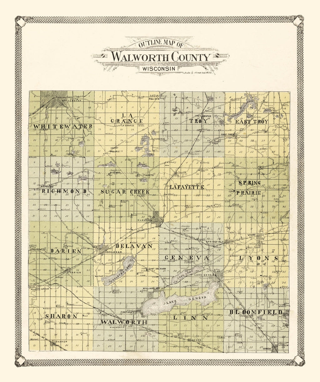 Vintage Map of Walworth County, Wisconsin 1907