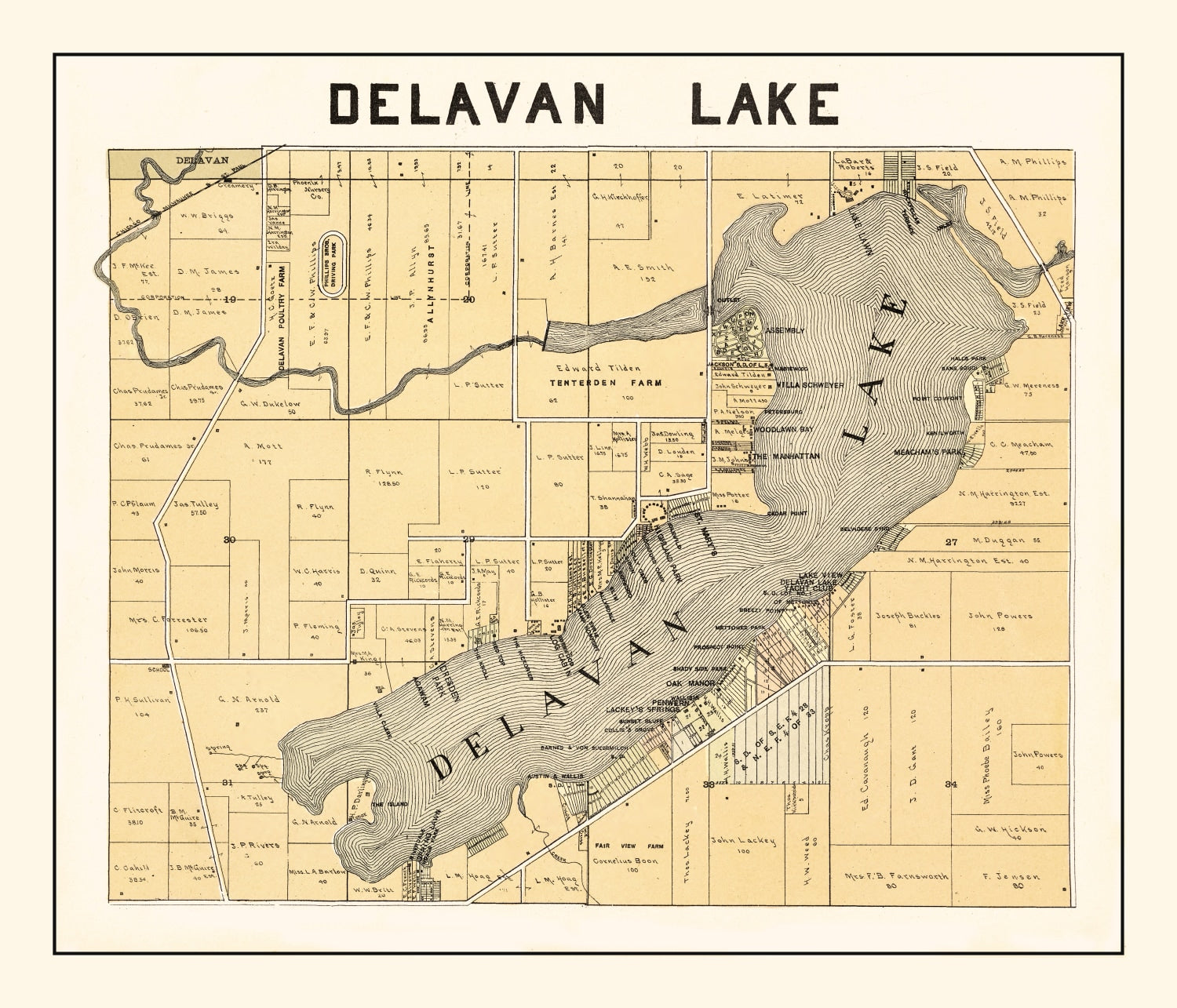 Vintage Map of Delavan Lake, Wisconsin 1907