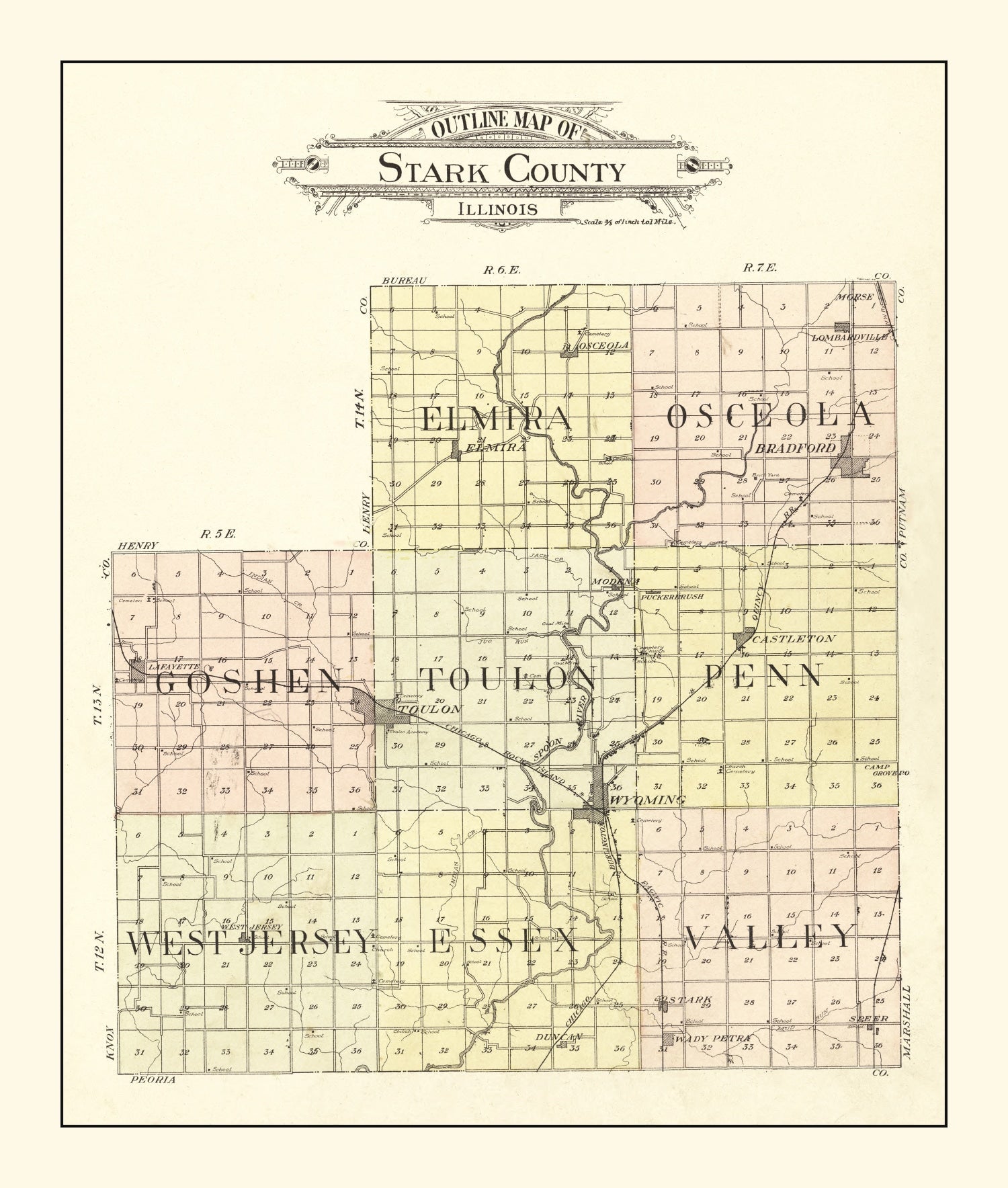 Vintage Map of Stark County, Illinois 1907