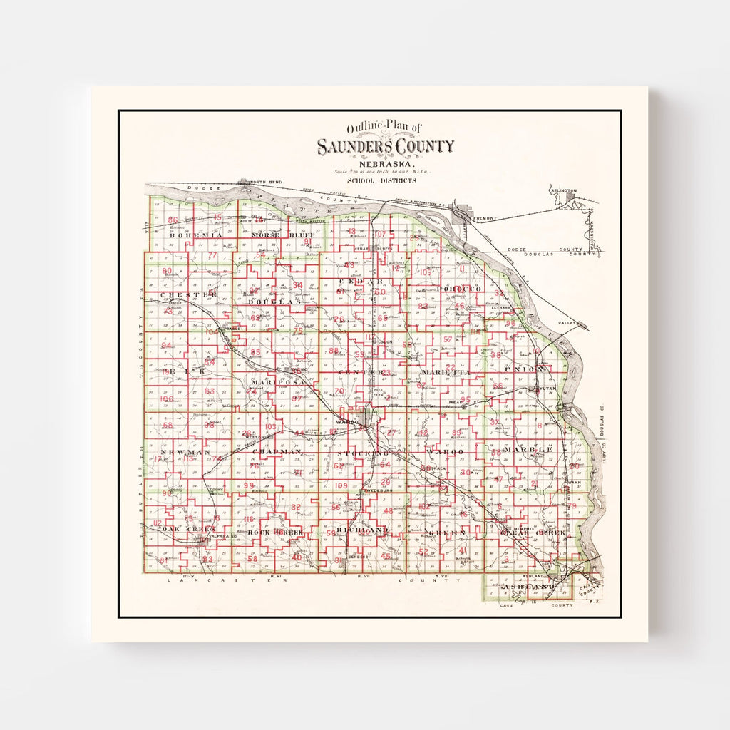 Vintage Map of Saunders County, Nebraska 1907