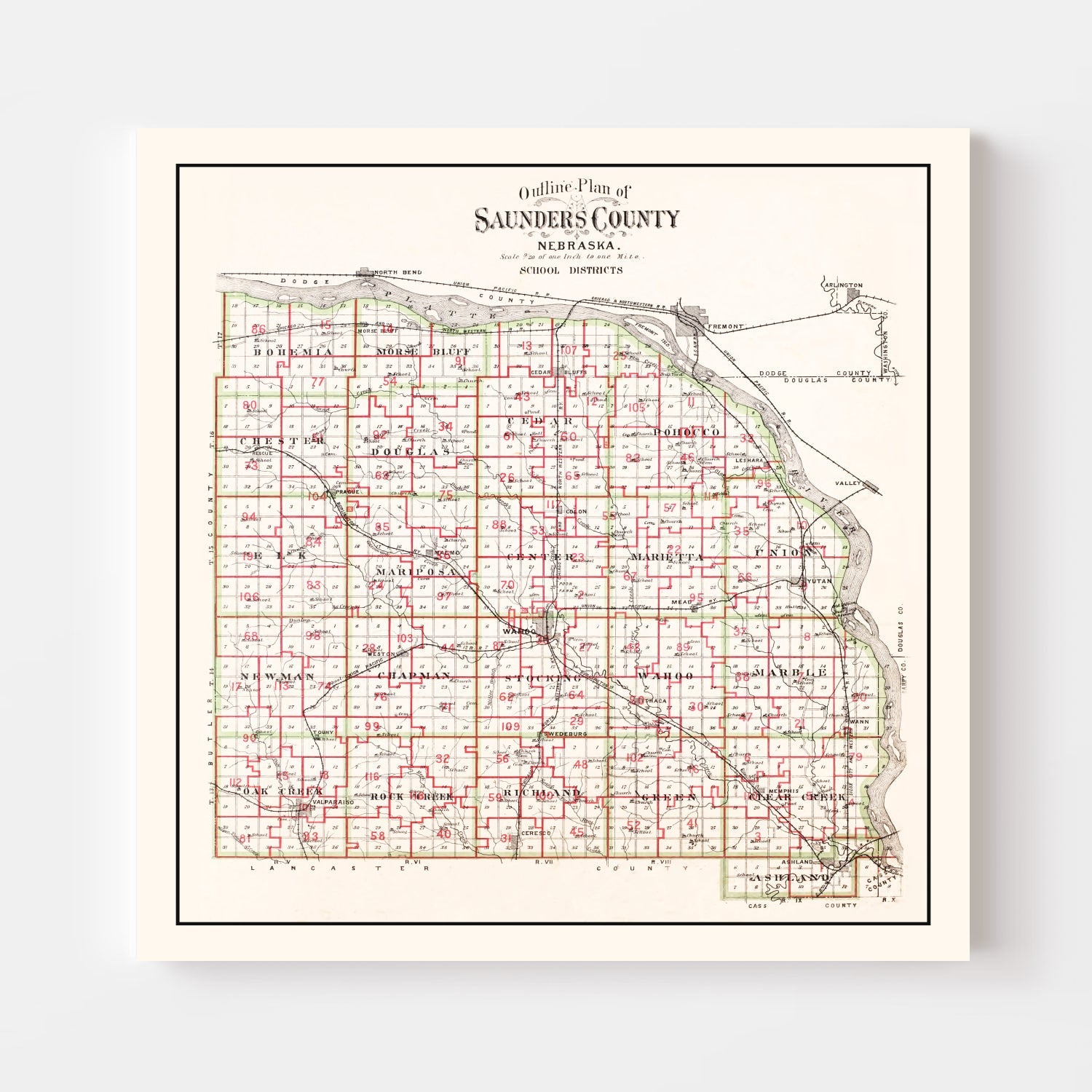 Vintage Map of Saunders County, Nebraska 1907