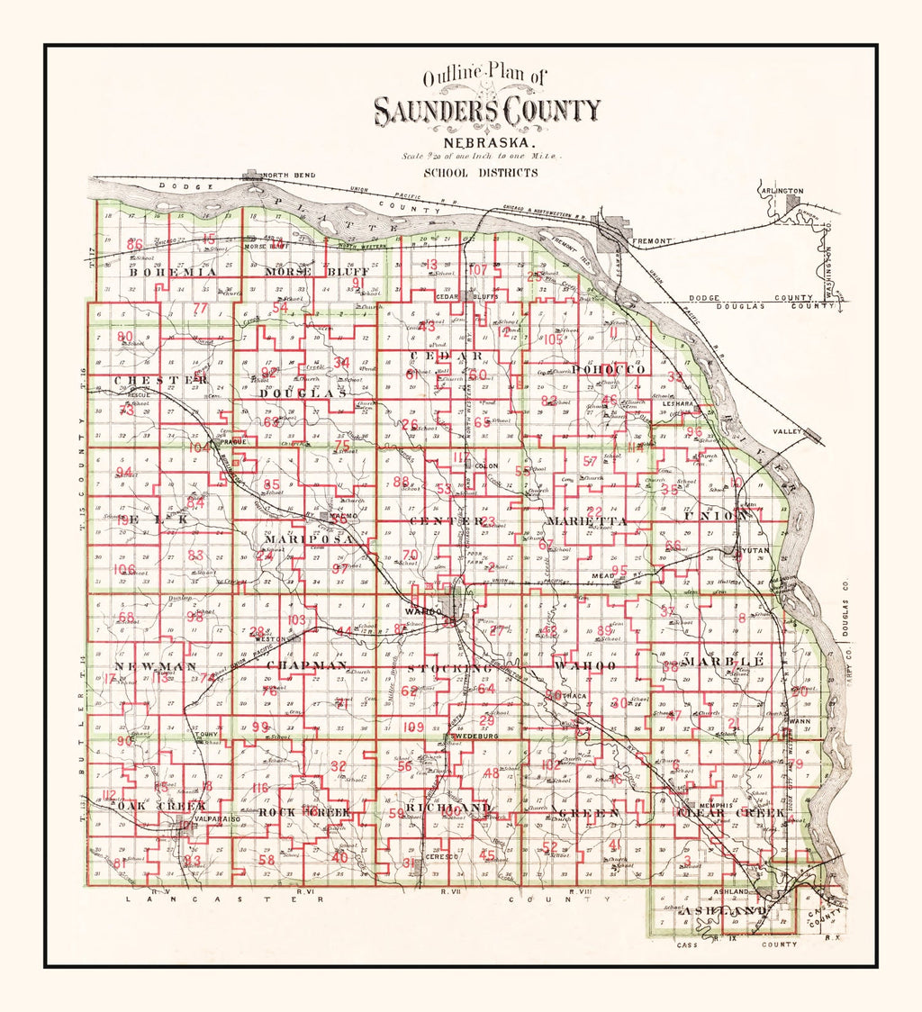 Vintage Map of Saunders County, Nebraska 1907