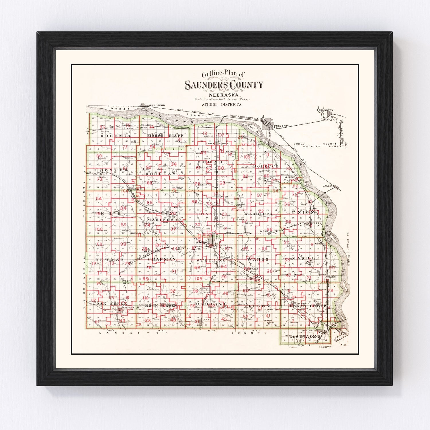 Vintage Map of Saunders County, Nebraska 1907