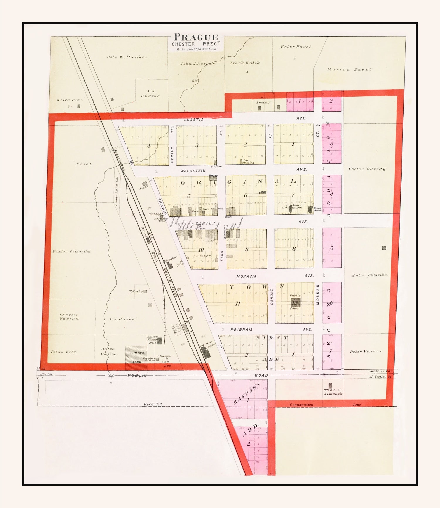 Vintage Map of Prague, Nebraska 1907