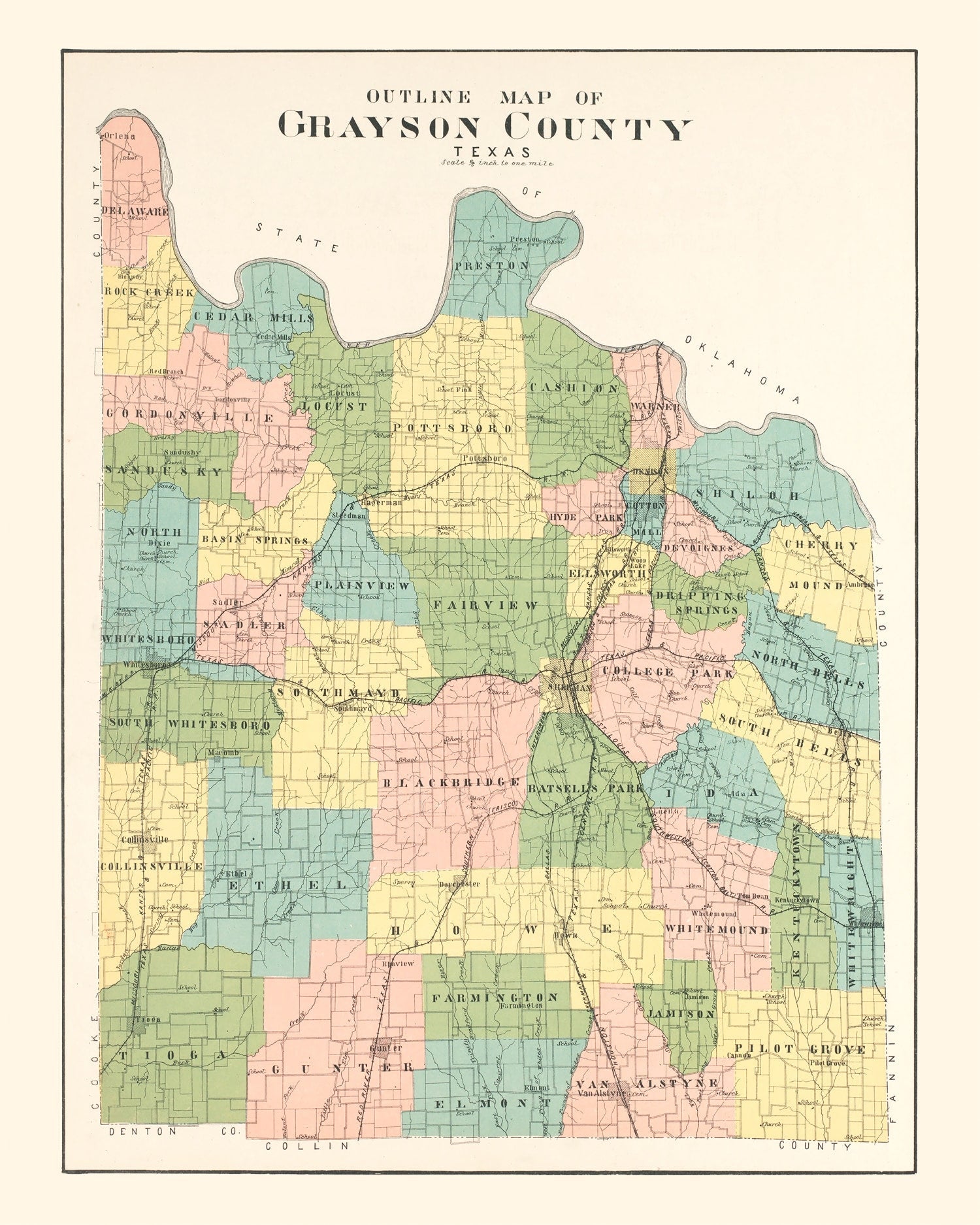 Vintage Map of Grayson County, Texas 1908
