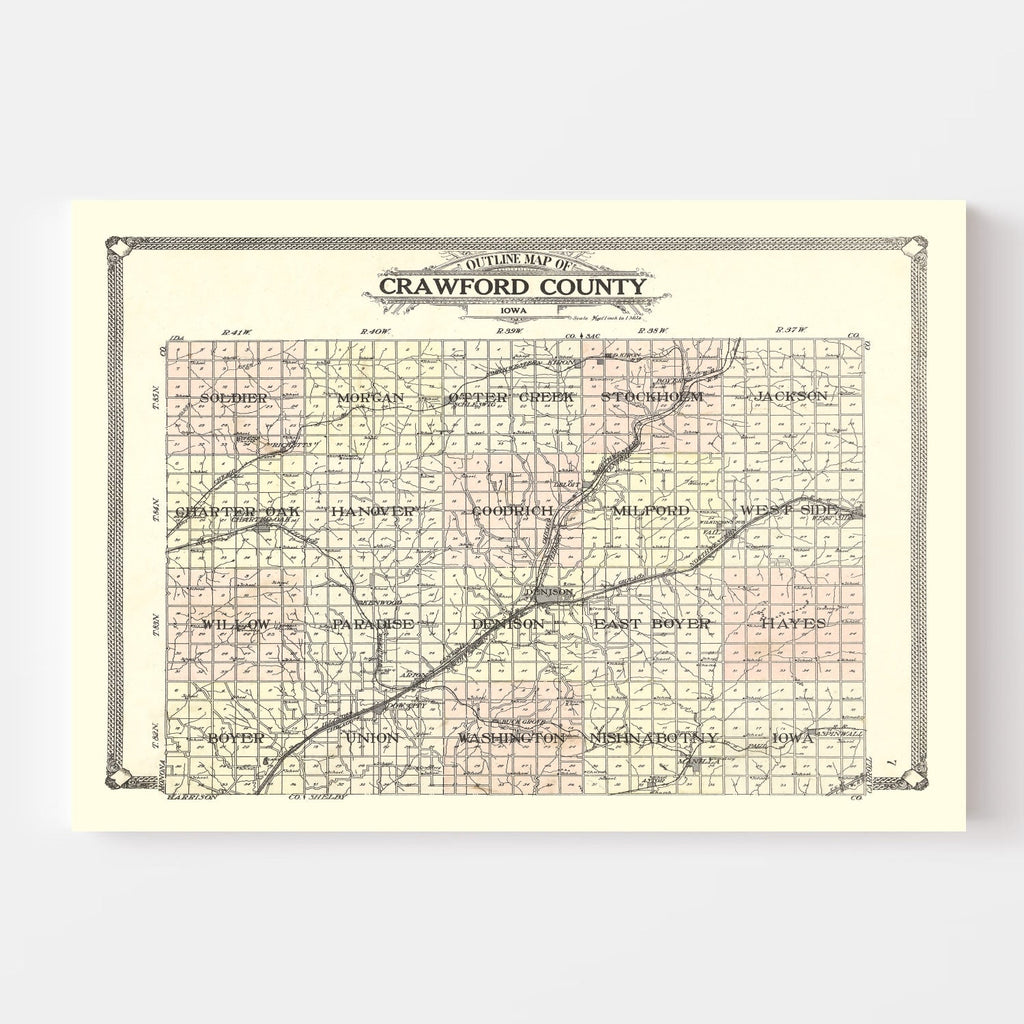Vintage Map of Crawford County, Iowa 1908