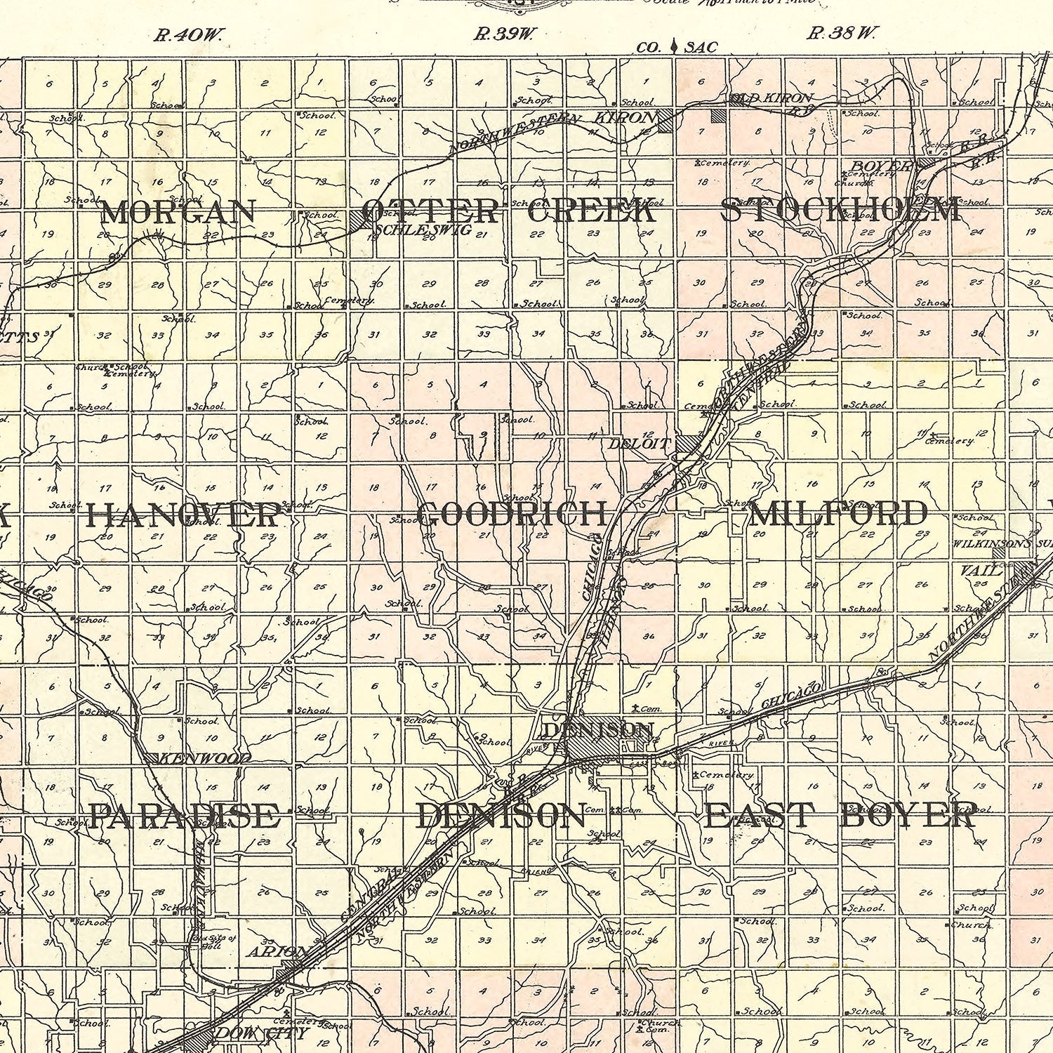 Vintage Map of Crawford County, Iowa 1908