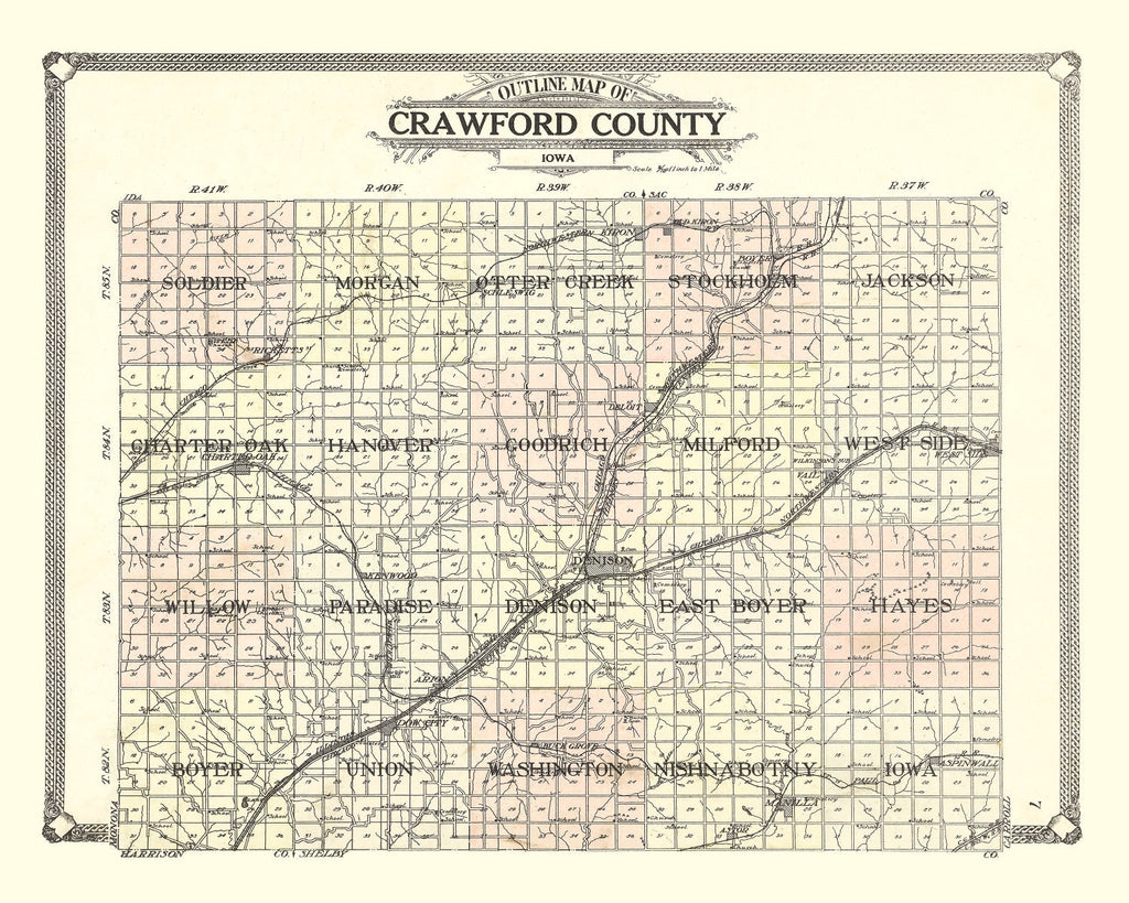 Vintage Map of Crawford County, Iowa 1908