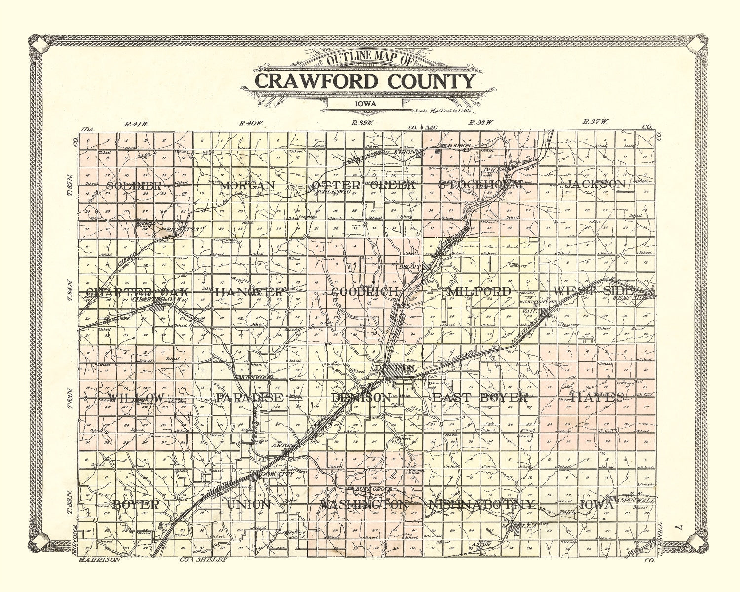 Vintage Map of Crawford County, Iowa 1908