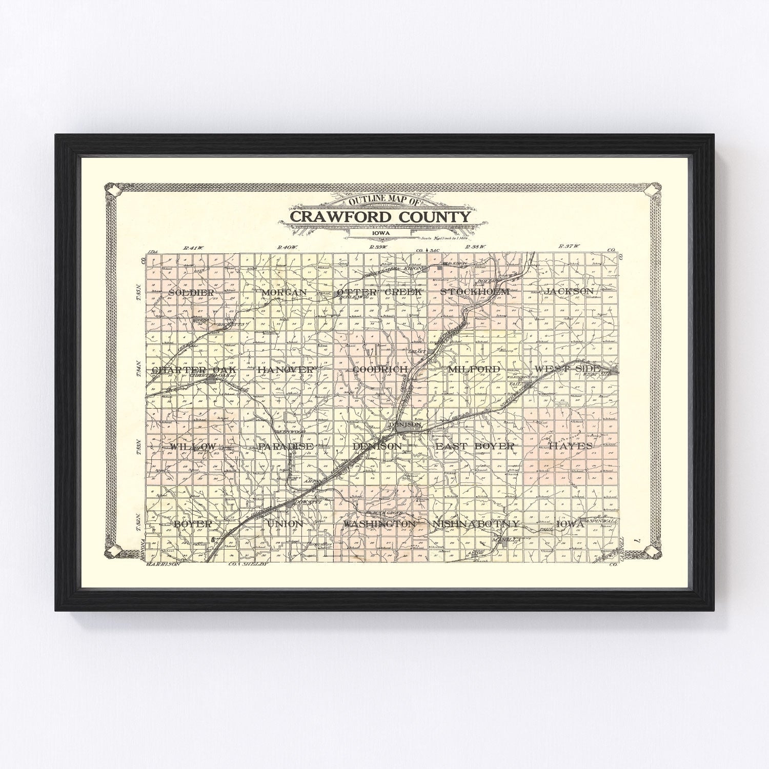Vintage Map of Crawford County, Iowa 1908
