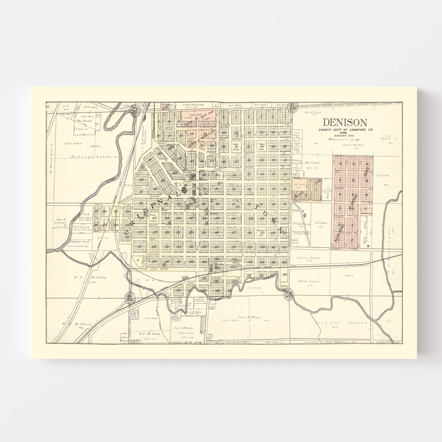 Vintage Map of Denison, Iowa 1908
