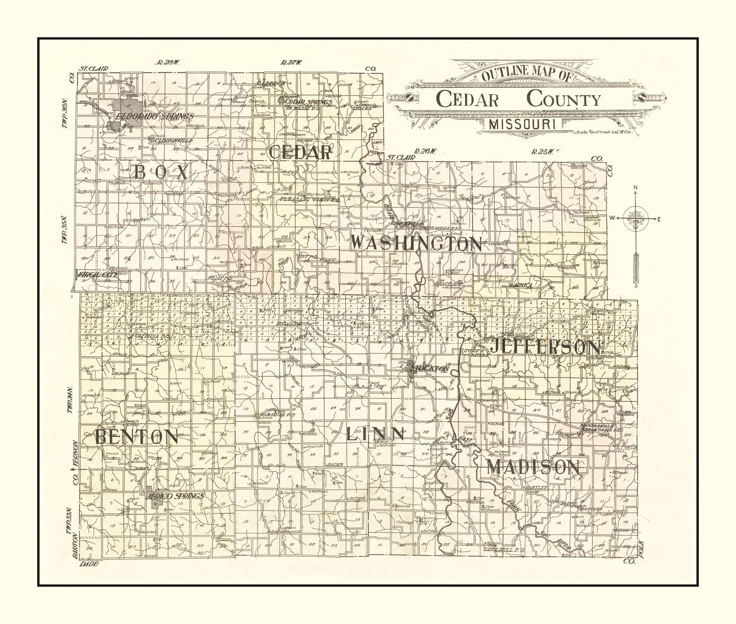 Vintage Map of Cedar County, Missouri 1908