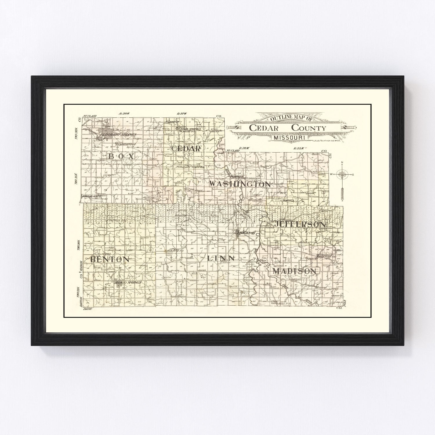 Vintage Map of Cedar County, Missouri 1908