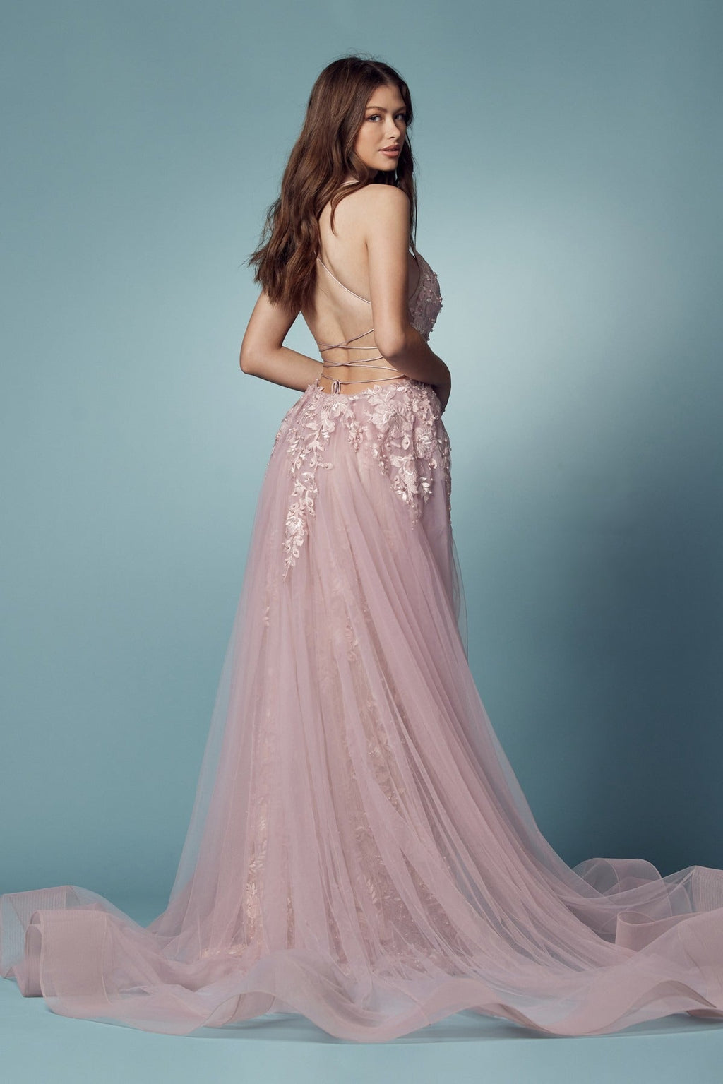Pearls Embellished Long Formal Gown w/ Floral Motif & Plunging Neckline NXF485