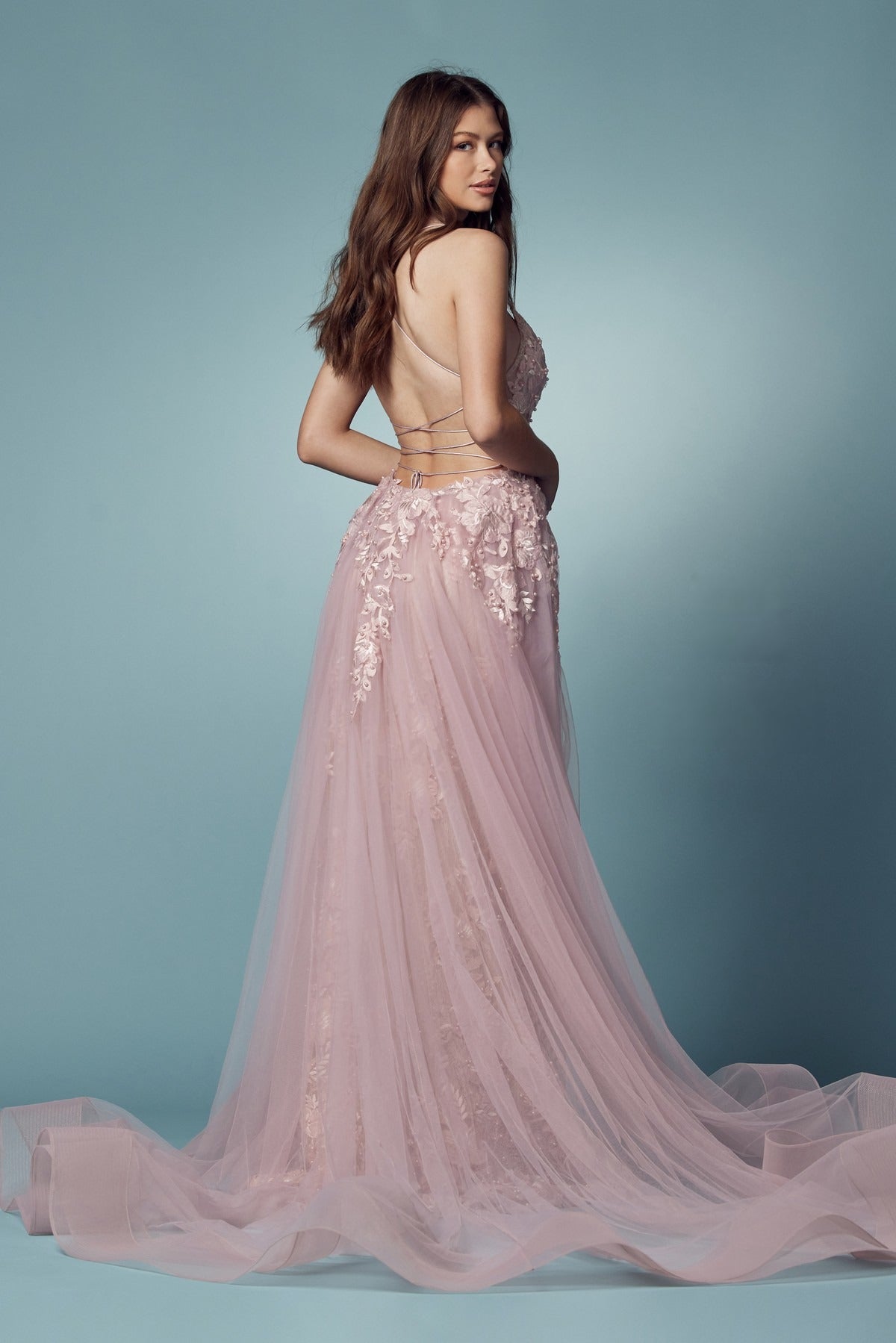 Pearls Embellished Long Formal Gown w/ Floral Motif & Plunging Neckline NXF485