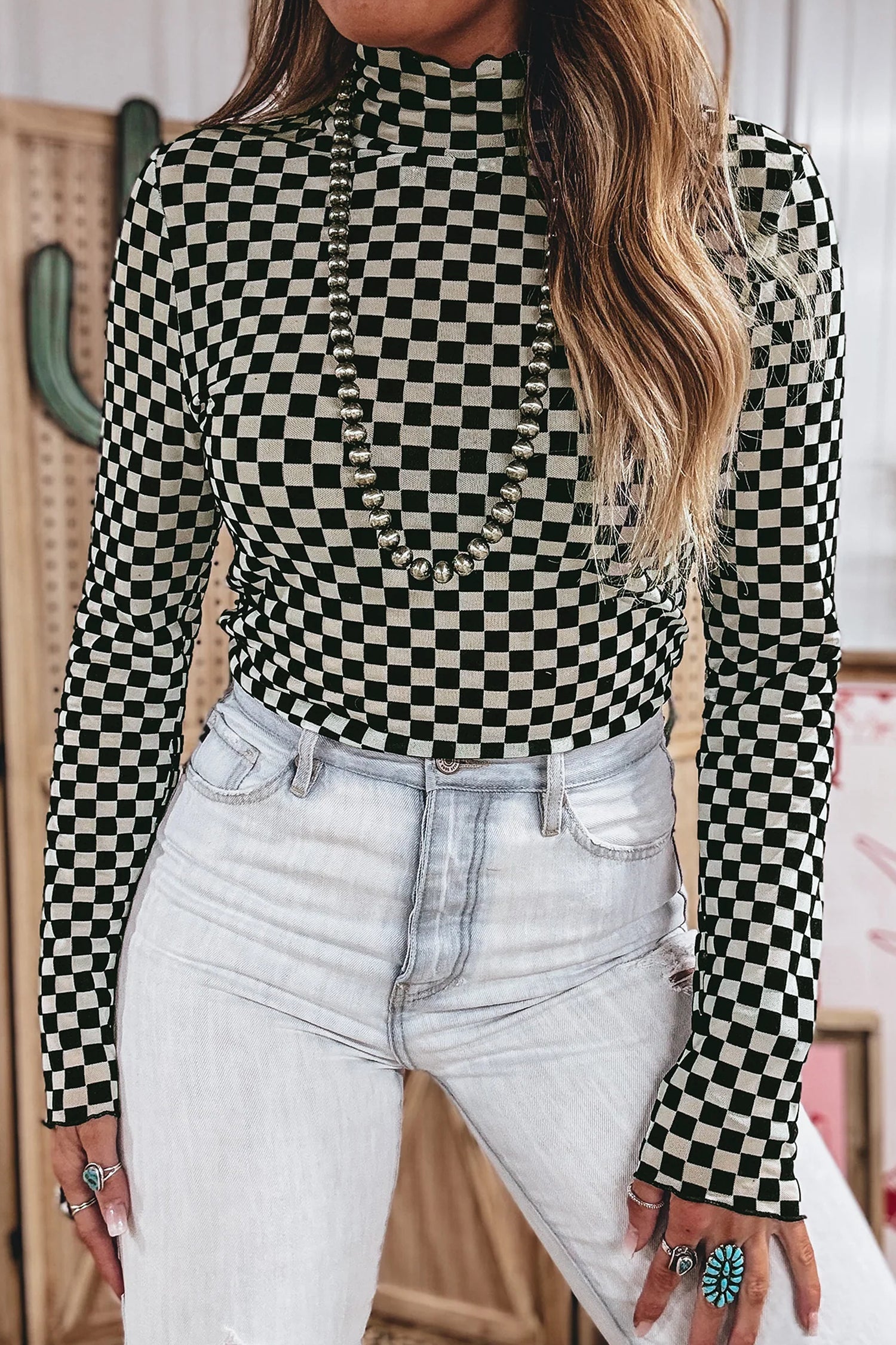 Checker Stand Neck Long Sleeve Mesh Top