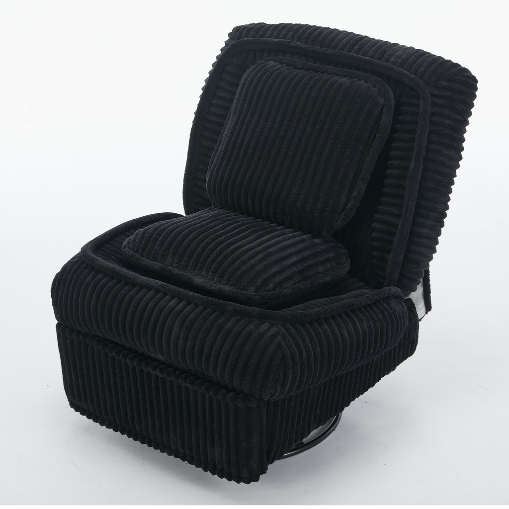 [NEW ARRIVED] 360° Swivel Rocking Single Sofa,Recliner Sofa, Manual Glider Rocking Armless Chair,Living Room Office, With Adjustable Backrest and Footrest and pillows, Small Spaces,Corduroy , Black