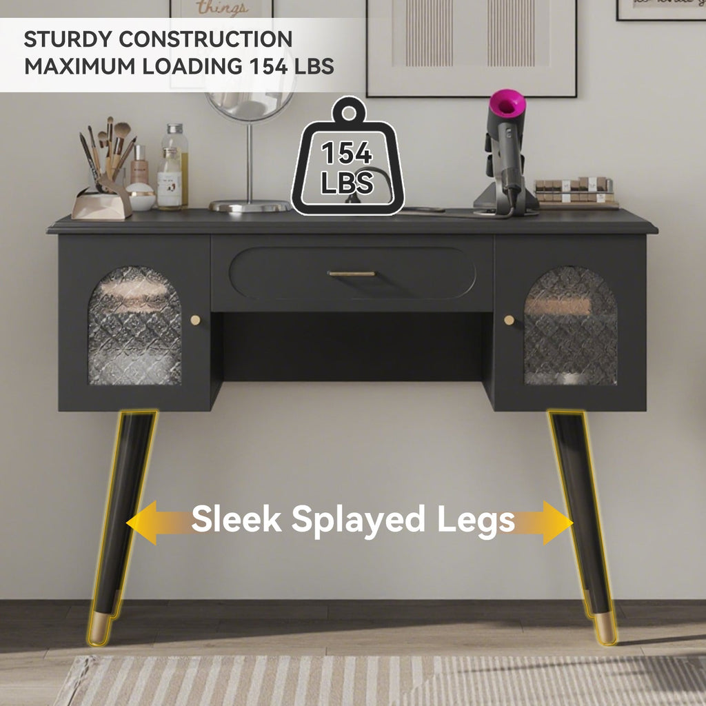 Elegant Vanity Makeup Table & Chair Set, Modern Dressing Table with Organizer, Writing Desk, Charging Port, Black