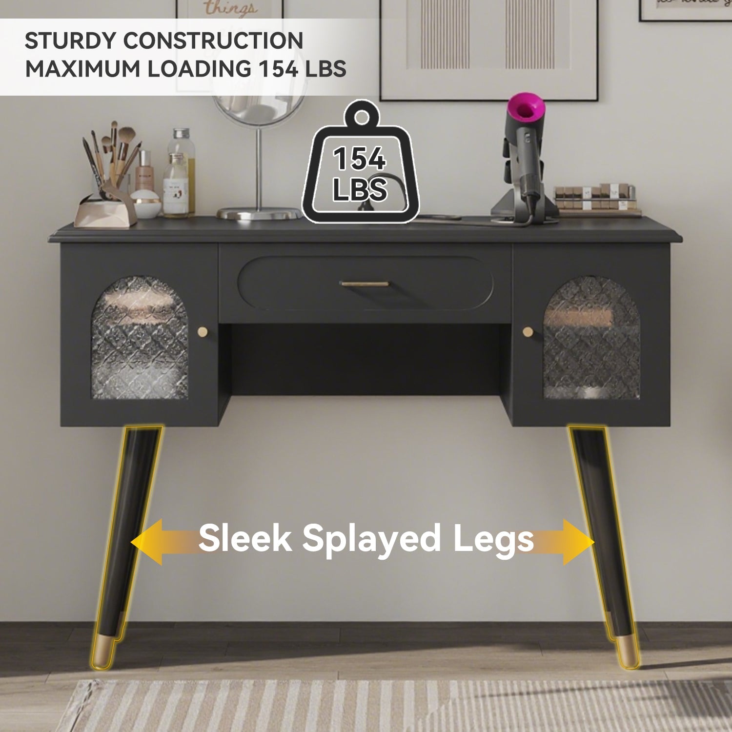 Elegant Vanity Makeup Table & Chair Set, Modern Dressing Table with Organizer, Writing Desk, Charging Port, Black