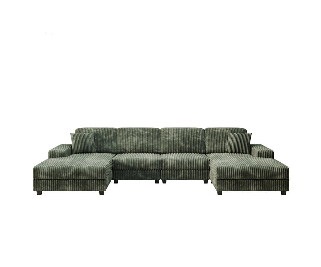 Convertible U-shaped Combination Sofa, Corduroy Fabric, Modern Comfortable Large Size 4 Seat Sofa, Living Room Double Lounge Chair ,Green
