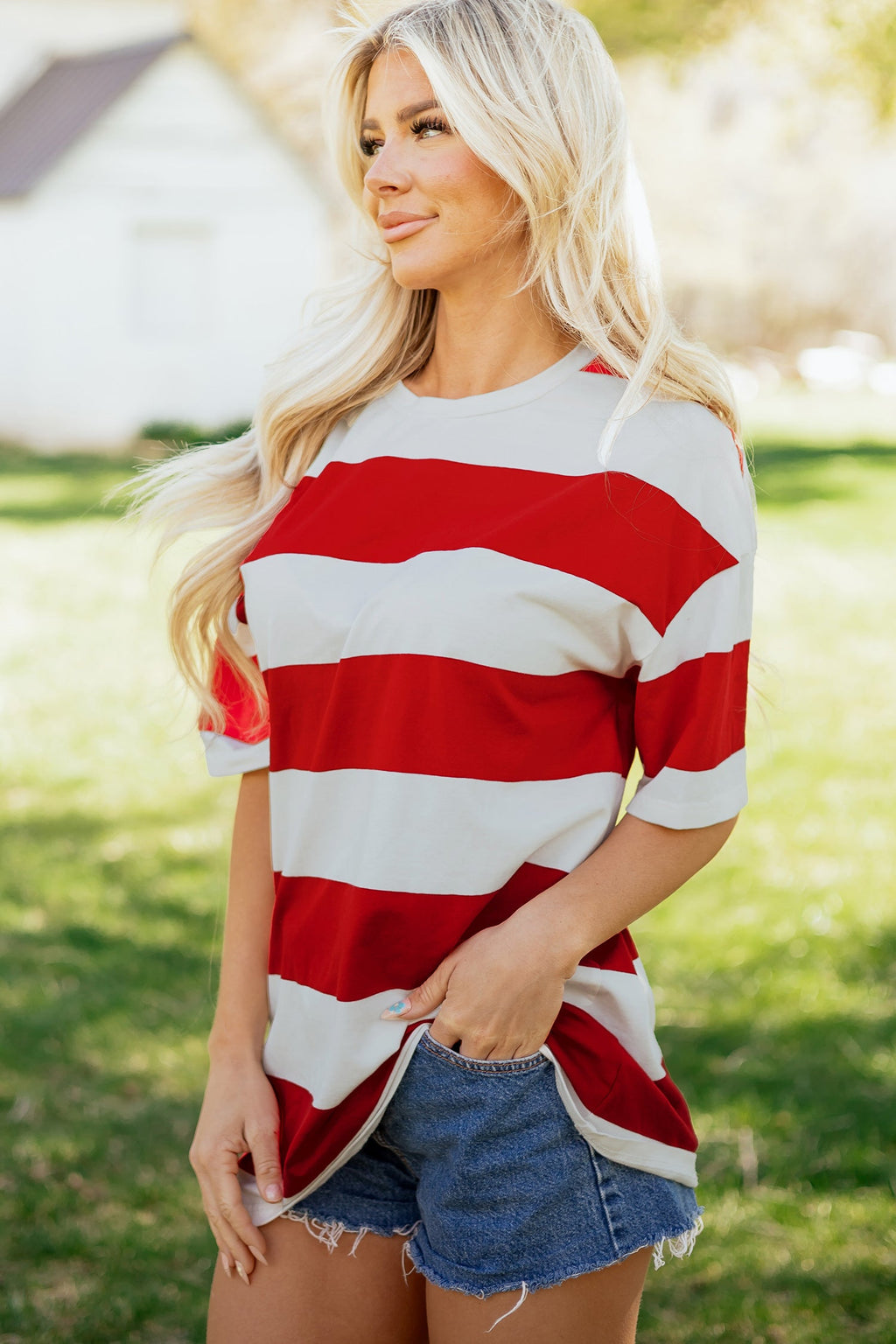 Stripe Colorblock Short Sleeve Oversize Tunic Tee