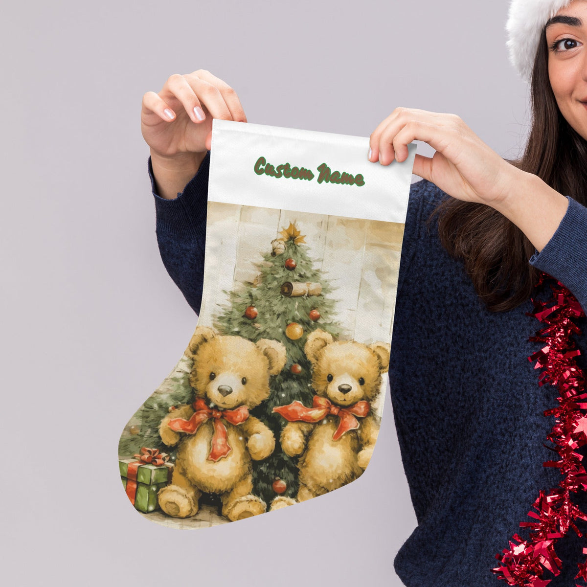 Personalizable Teddy Bears under Christmas Tree Christmas Stocking (Made in USA)