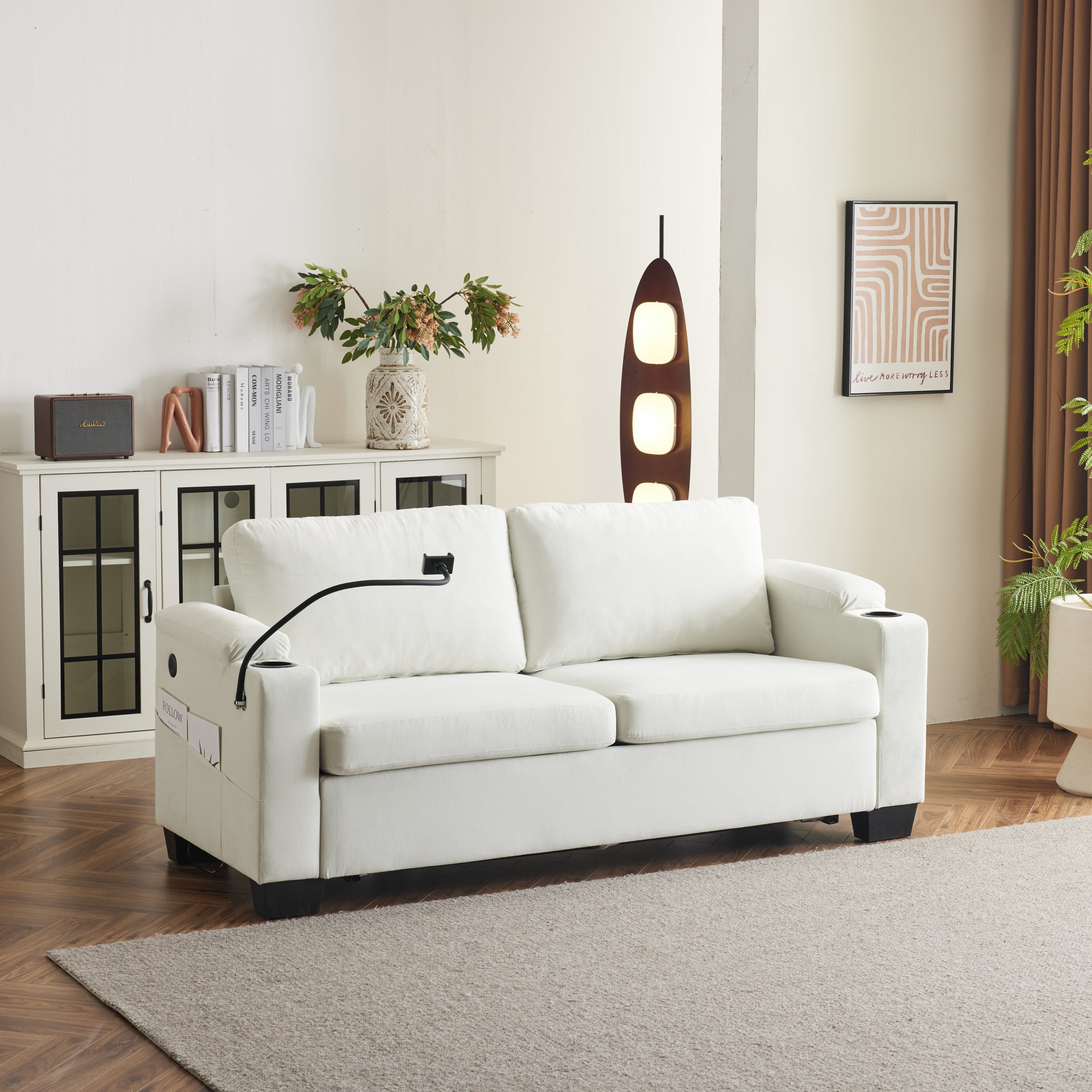 Pull-out sofa bed, chenille material, pull-out queen sofa bed, with USB charging, mobile phone holder, memory sofa, removable and washable cushions, suitable for living room, bedroom, apartment, white