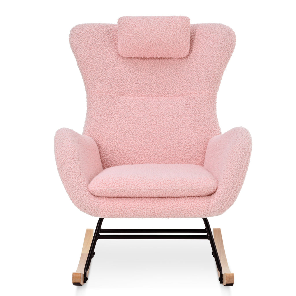 Rocking Chair Nursery, Teddy Upholstered Rocker Glider Chair with High Backrest, Adjustable Headrest & Pocket, Comfy Glider Chair for Nursery, Bedroom, Living Room, Offices, Rubber wood, pink