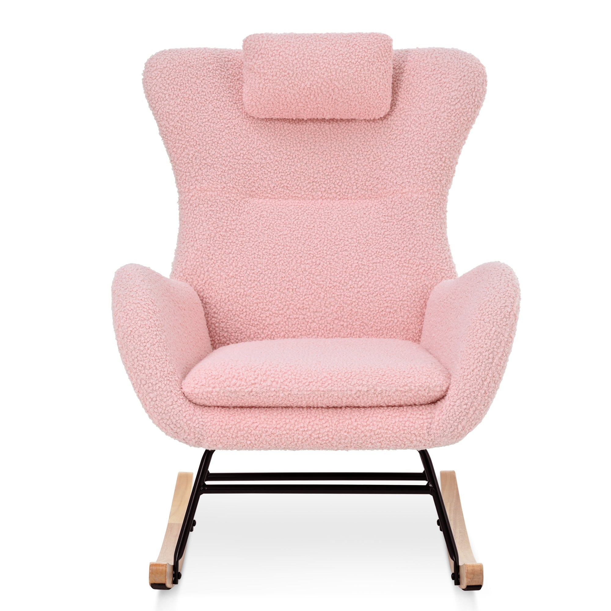 Rocking Chair Nursery, Teddy Upholstered Rocker Glider Chair with High Backrest, Adjustable Headrest & Pocket, Comfy Glider Chair for Nursery, Bedroom, Living Room, Offices, Rubber wood, pink