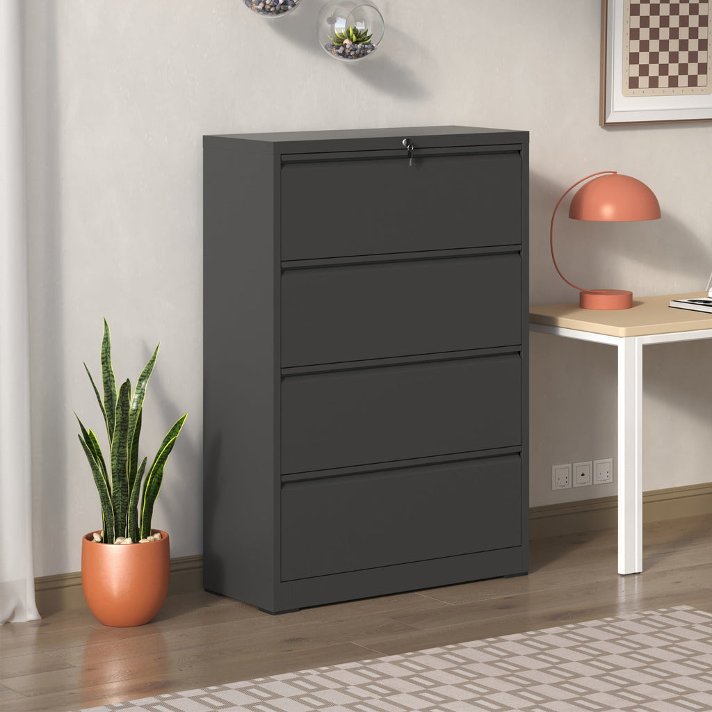 Modern Black 4-Drawer Lateral File Cabinet with Lock, Metal Filing Cabinet for Legal/Letter/A4/F4