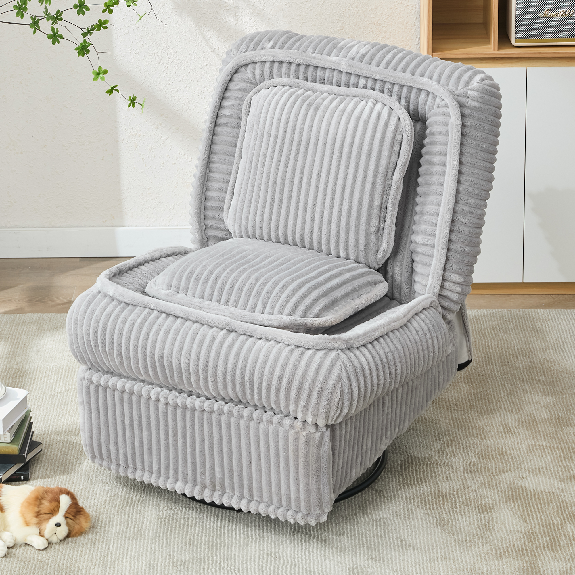 [NEW ARRIVED] 360° Swivel Rocking Single Sofa,Recliner Sofa, Manual Glider Rocking Armless Chair,Living Room Office, With Adjustable Backrest and Footrest and pillows, Small Spaces,Corduroy , Gray
