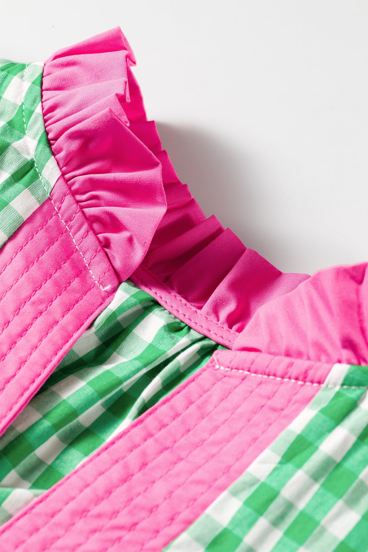 Gingham Bubble Sleeve Colorblock Trim V-Neck Blouse