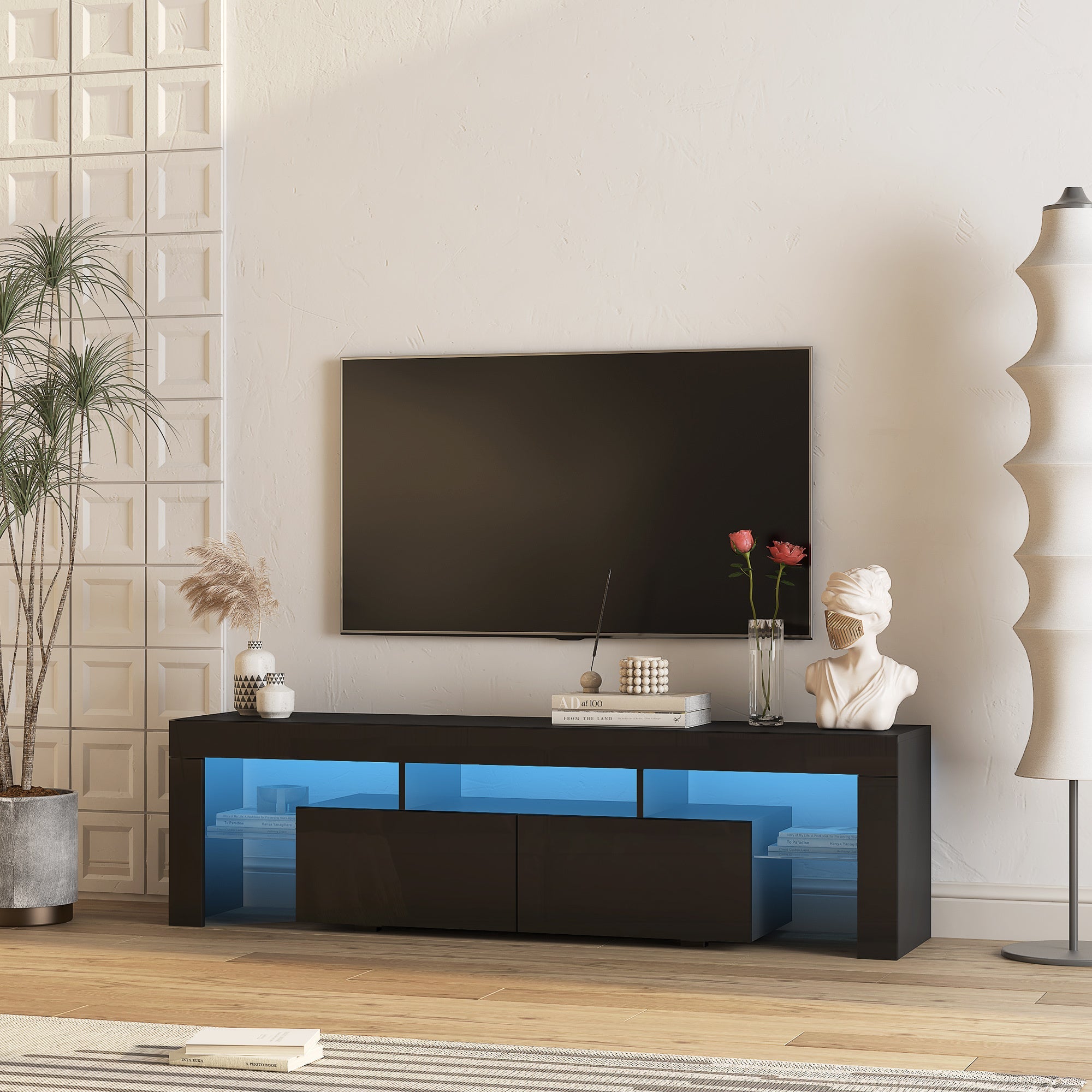 High gloss TV Stand with LED Lights for TVs up to 65'', Modern TV Console with Storage Cabinets for Living Room,Black