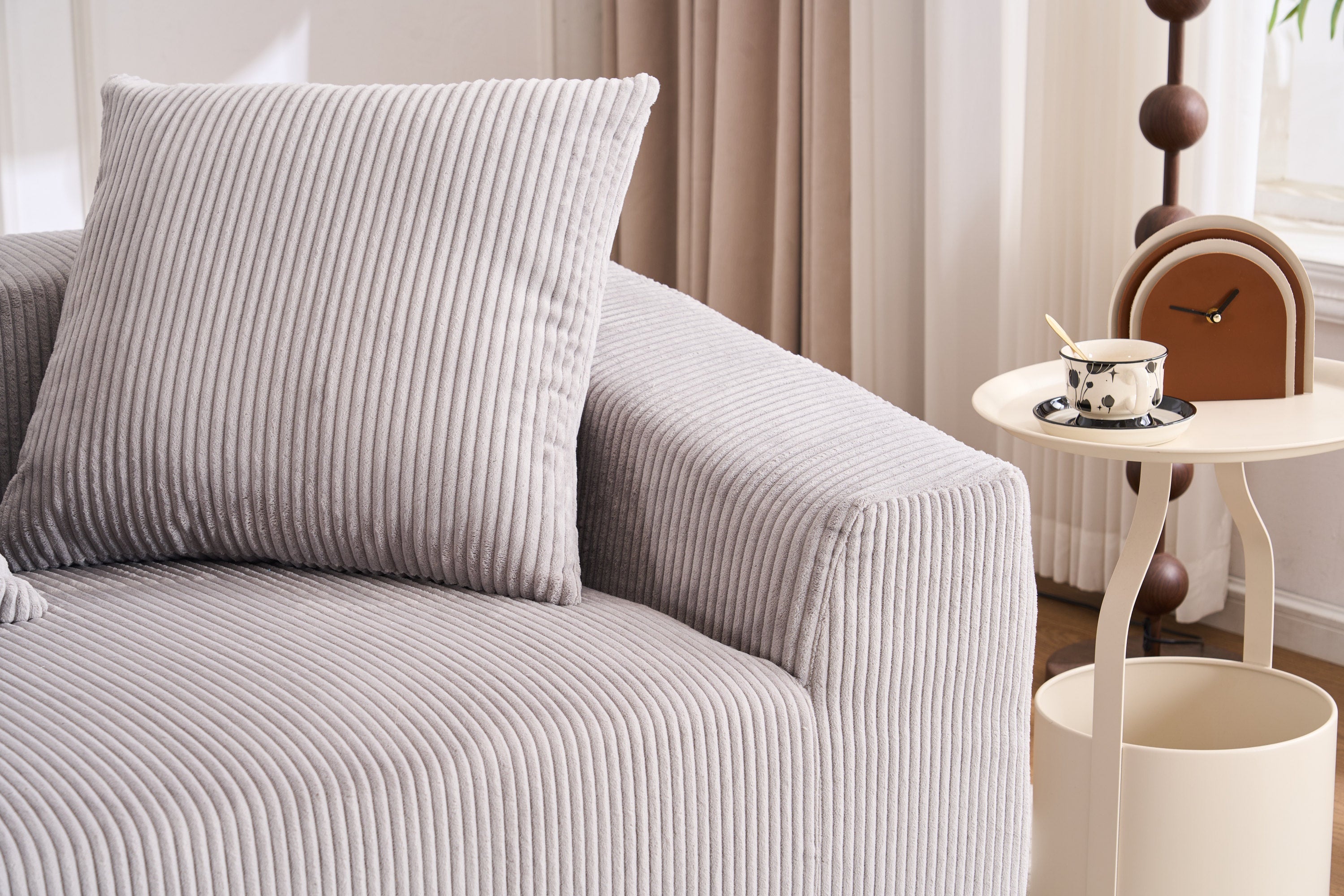 LY-023 LIGHT GREY COMPRESSION SOFA: Combining chaise longue with 3-seater, Corduroy Fabric, full sponge compression sofa,combined sofa with 4 pillows for living/ Home Furniture/ Apartment
