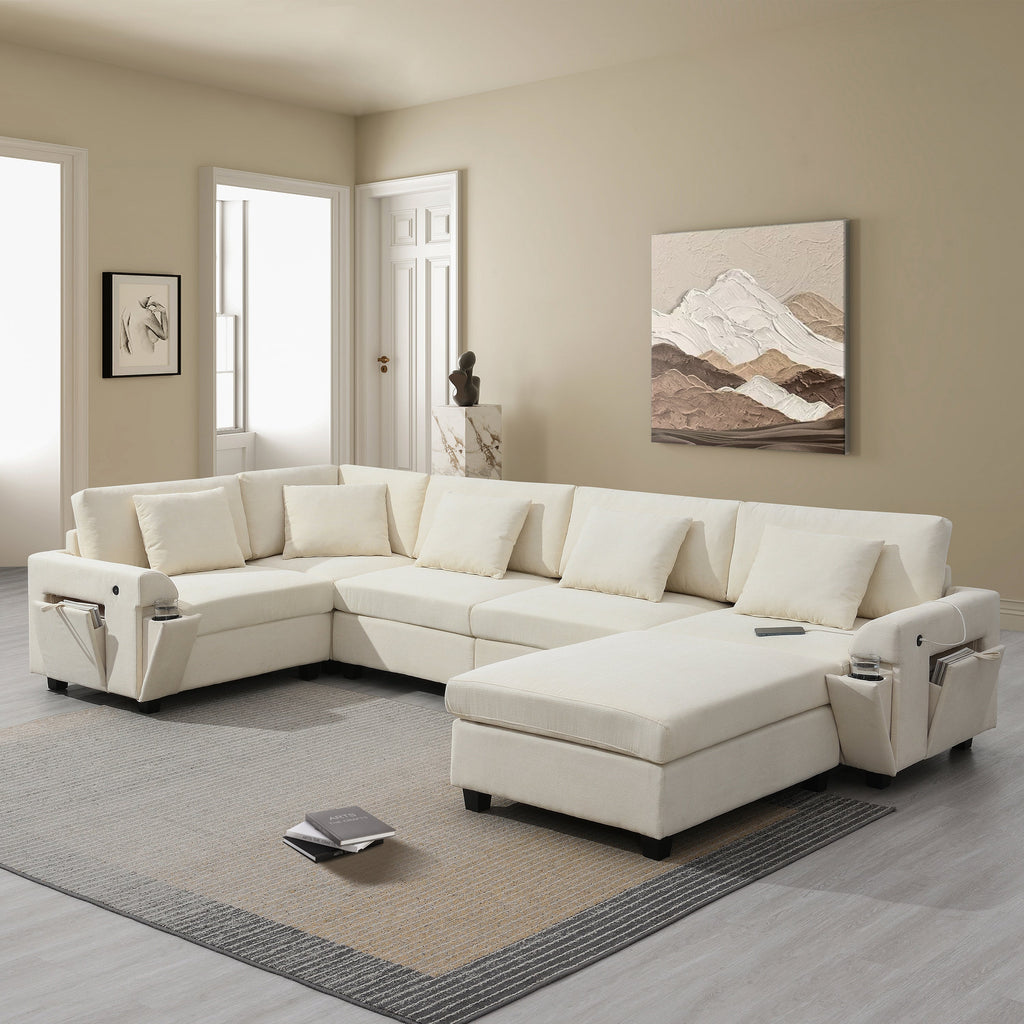Chenille U Shaped Sectional Sofa with Ottoman, Storage, Cup Holders, and USB Ports, Off White, 128*67'