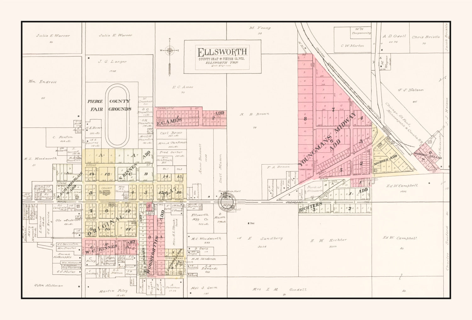 Vintage Map of Ellsworth, Wisconsin 1908